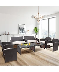 Gymax 8PCS Patio Conversation Set Outdoor Rattan Furniture Set w/ White Cushions