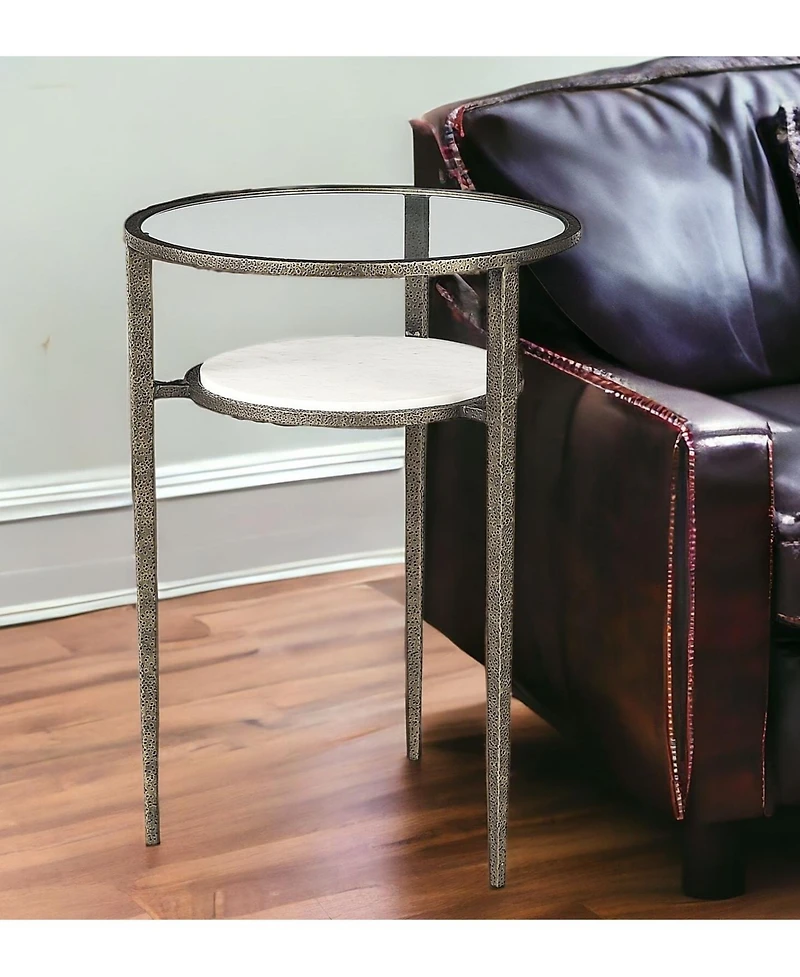 Glass and Metal Round End Table with Lower Shelf for Living Room
