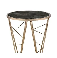 Contemporary Faux Marble and Glass Round End Table with Stylish Metal Legs