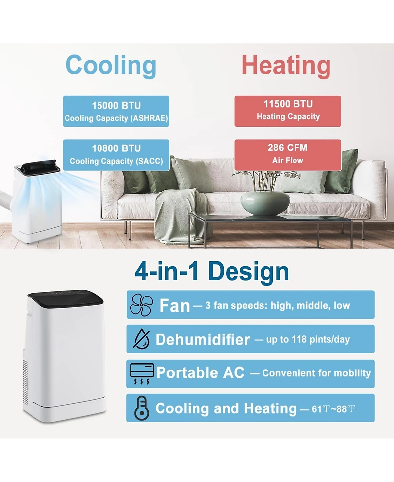 15000 Btu Portable Air Conditioner with App Control and Heat