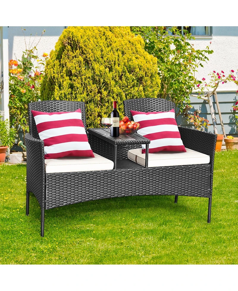 Gymax Cushioned Rattan Wicker Patio Conversation Set w/ Table Steel Frame