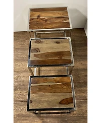 Set of Three 21" Silver And Brown Solid Wood Nested Tables