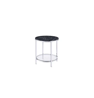 Contemporary Faux Marble and Metal Round End Table with Storage Shelf
