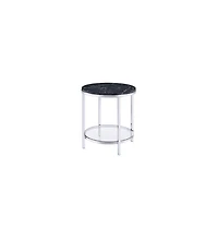 Contemporary Faux Marble and Metal Round End Table with Storage Shelf