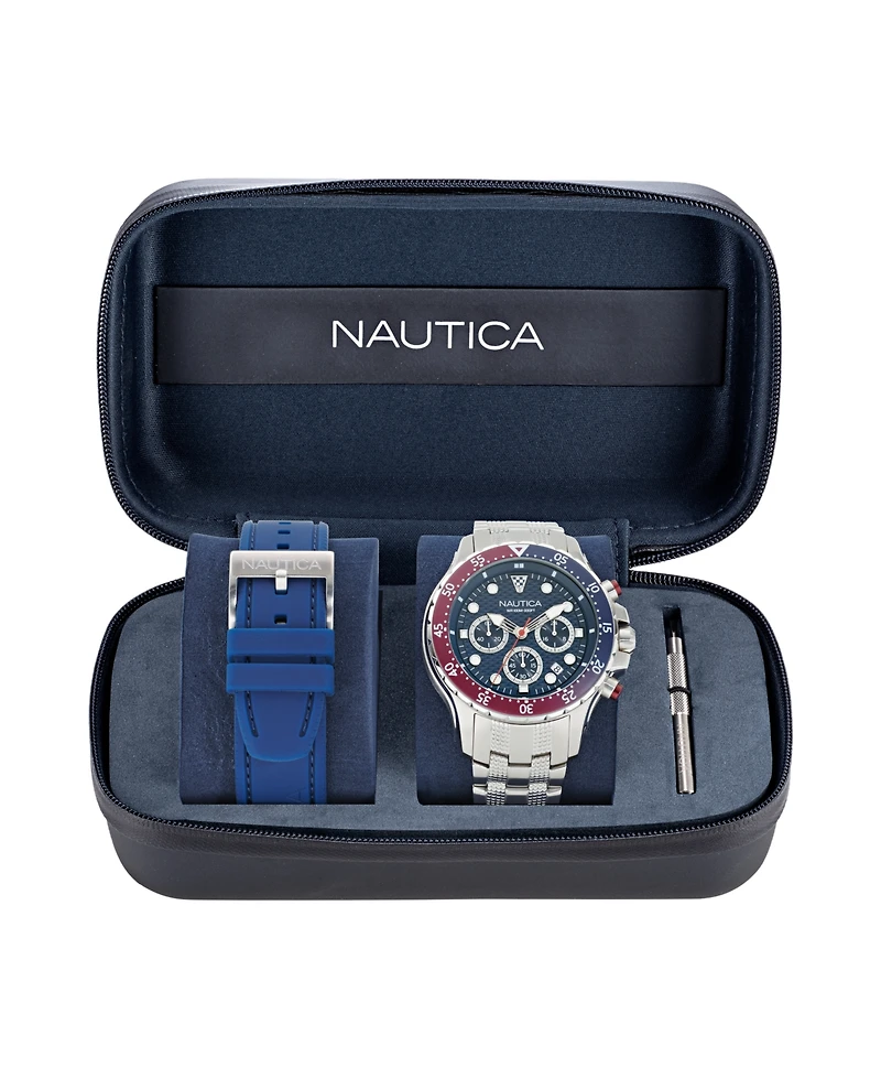 Nautica Men's Chronograph Silver-Tone Stainless Steel Watch Set, 44mm