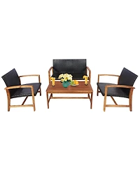 4PCS Outdoor Patio Rattan Furniture Set Acacia Wood Frame Sofa Loveseat Garden