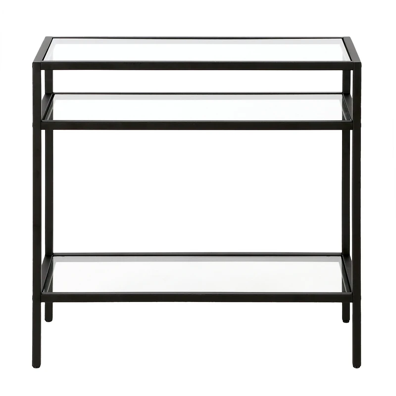 Glass and Steel End Table Modern Side with Two-Tier Shelf Storage For Living Room