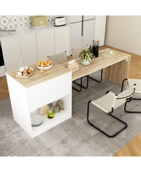 Kitchen island with 2 drawers, kitchen island storage table with dining table, coffee station and microwave rack for home, dining room, wood grain col