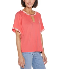 Belldini Women's Crochet Trim Short Sleeve Knit Top