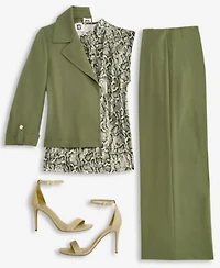 Anne Klein Womens Pull On Cropped Pants Printed Cap Sleeve Blouse 3 4 Sleeve Open Front Jacket