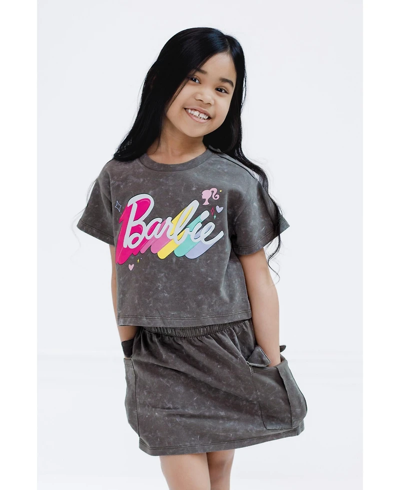 Barbie Girls French Terry Cropped Drop Shoulder T-Shirt and Skirt Outfit Set