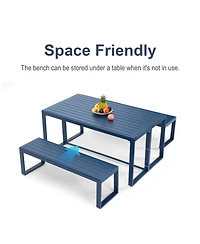 Aoodor 3-Piece Outdoor Patio Dining Set, Aluminum Furniture Set with 1 Rectangular Picnic Table and 2 Benches for Garden, Lawn, Yard