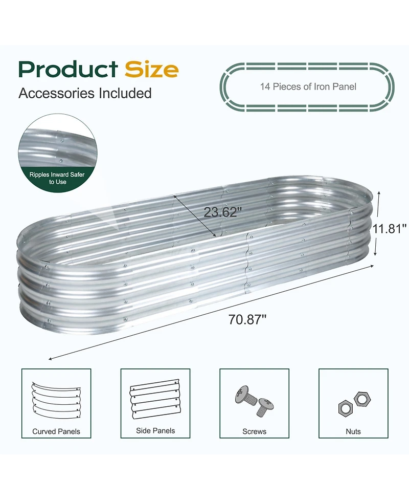 Aoodor Galvanized Raised Garden Bed Kit, 70.87''(L) x 23.62''(W) x11.81''(H) Outdoor Garden Planter Oval Large Boxes for Vegetables, Flowers, Herbs