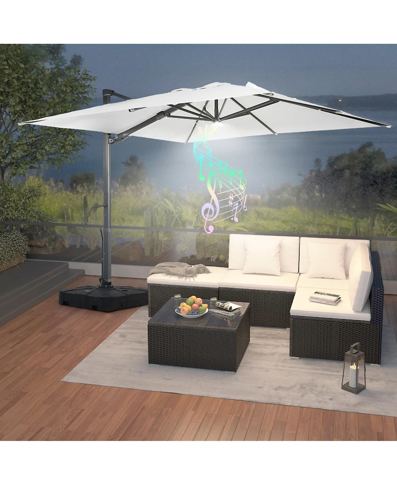 Mondawe 120" Square Cantilever Umbrella with Detachable Led Atmosphere Light and Bluetooth Player, w/ Weight Base Included