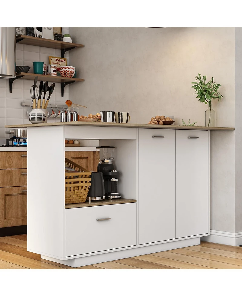 Kitchen island with 2 doors, 1 drawer, island storage table with dining table, coffee station and microwave rack for home and dining room, white, wood