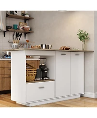 Kitchen island with 2 doors, 1 drawer, island storage table with dining table, coffee station and microwave rack for home and dining room, white, wood