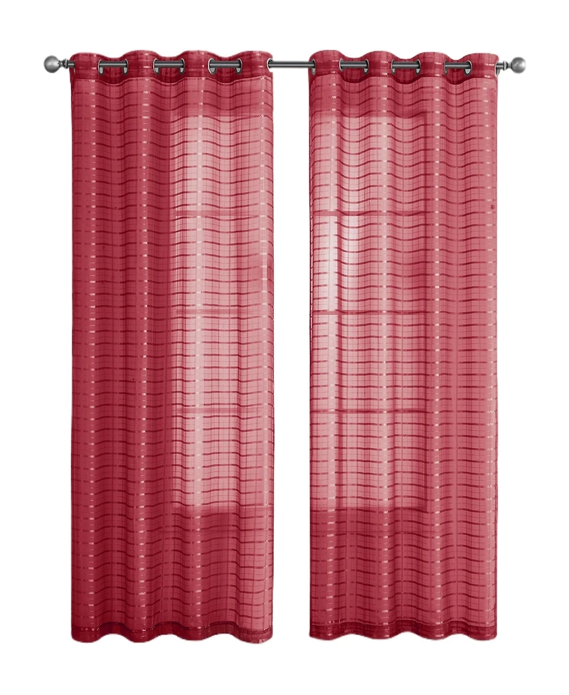 Kate Aurora 2 Piece Red Plaid Grommet Top Sheer Window Curtain Panels