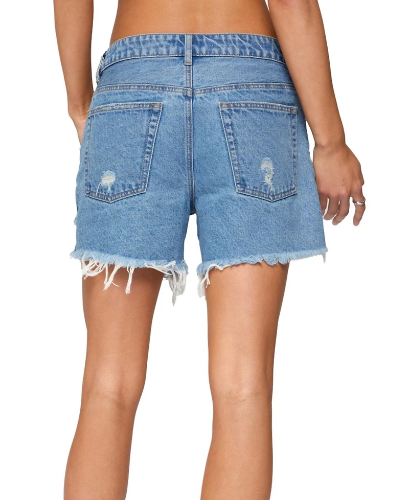 Edikted Women's Cale Distressed Low Rise Denim Shorts