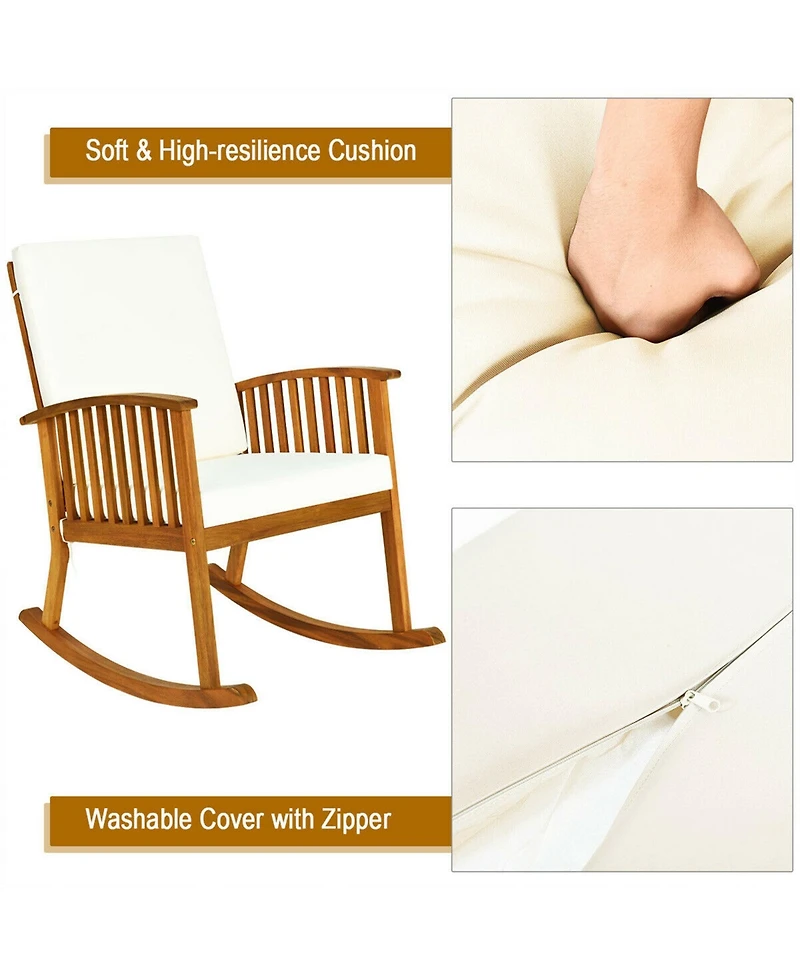 Gymax 3PCS Patio Rocking Chair Set Round Table Solid Wood Cushioned Sofa Garden Deck