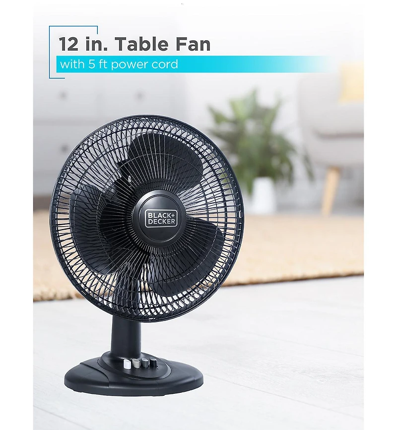 Black+Decker Desk Fan for Home and Office, 12” Fan with 3 Speed Settings, Oscillating Portable Fan, Black