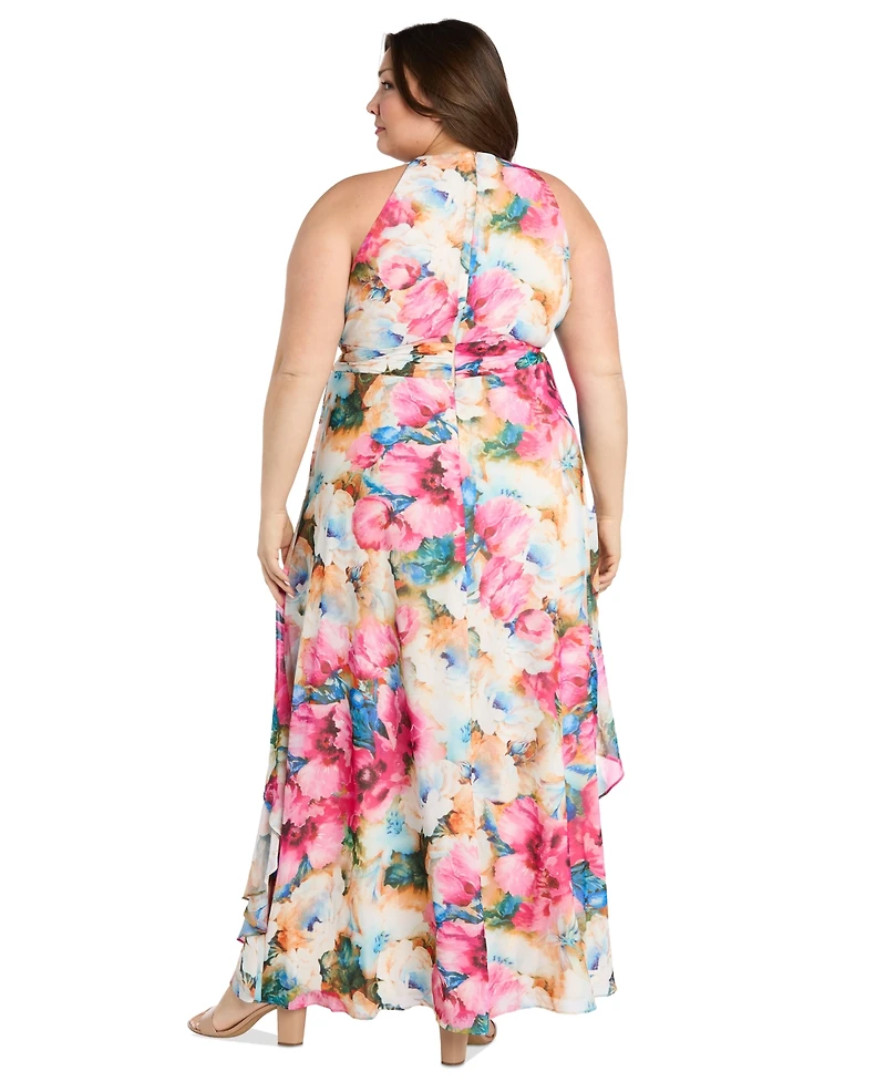 R & M Richards Plus Printed Halter-Neck Sleeveless Gown