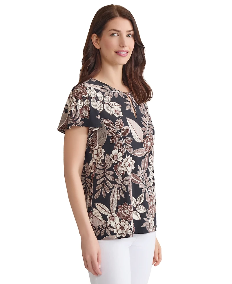 Jones New York Women's Printed Embellished-Neck Flutter-Sleeve Top