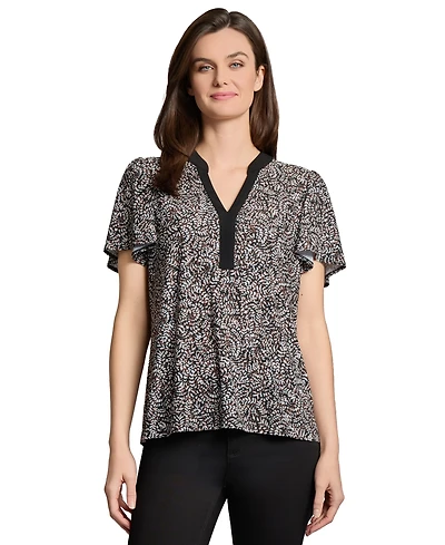 Jones New York Women's Printed Split-Neck Flutter-Sleeve Top
