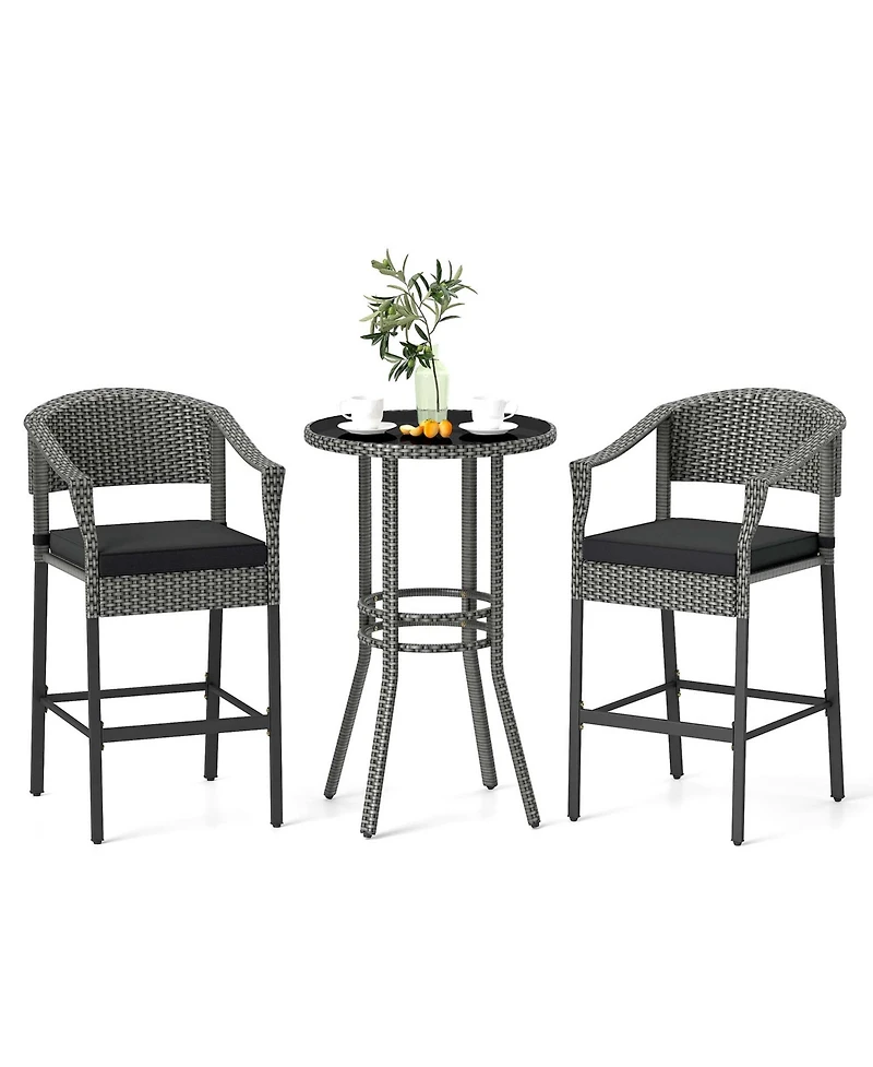 3-Piece Patio Rattan Bar Set Wicker Bar Height Armchairs & Round Table