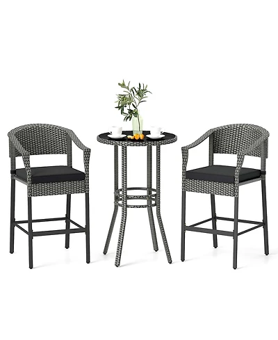 3-Piece Patio Rattan Bar Set Wicker Bar Height Armchairs & Round Table