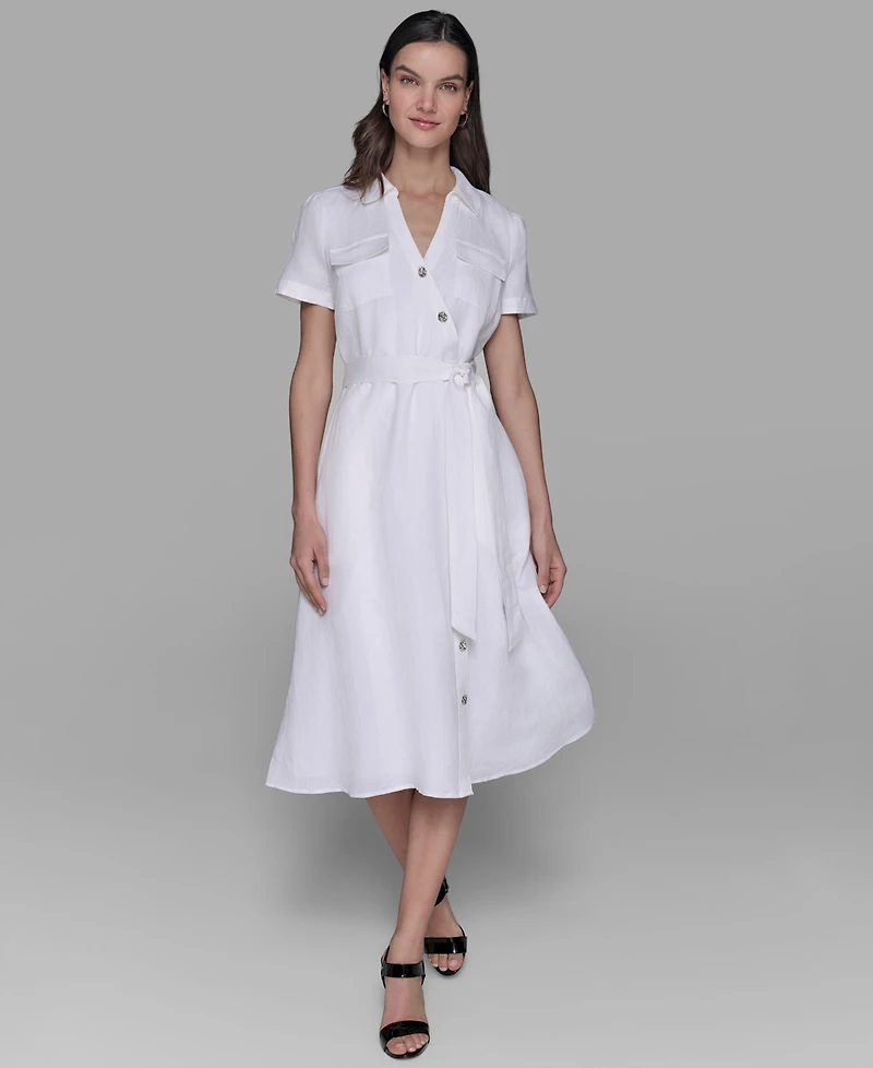 Karl Lagerfeld Paris Petite Novelty-Button Tie-Waist Midi Shirtdress