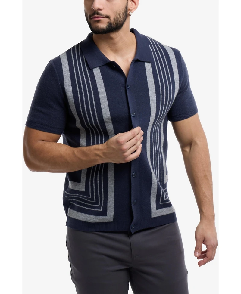 Spring + Mercer Men's Stripe Short Sleeve Sweater Polo Shirt
