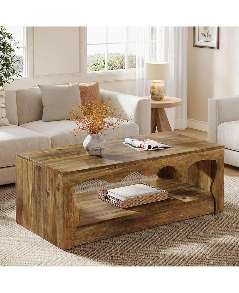 Tribesigns 47.24-Inch Farmhouse Coffee Tables, 2-Tier Wooden Rectangular Accent Center Low Cocktail Tea Table with Open Storage Shelf, Rustic Brown