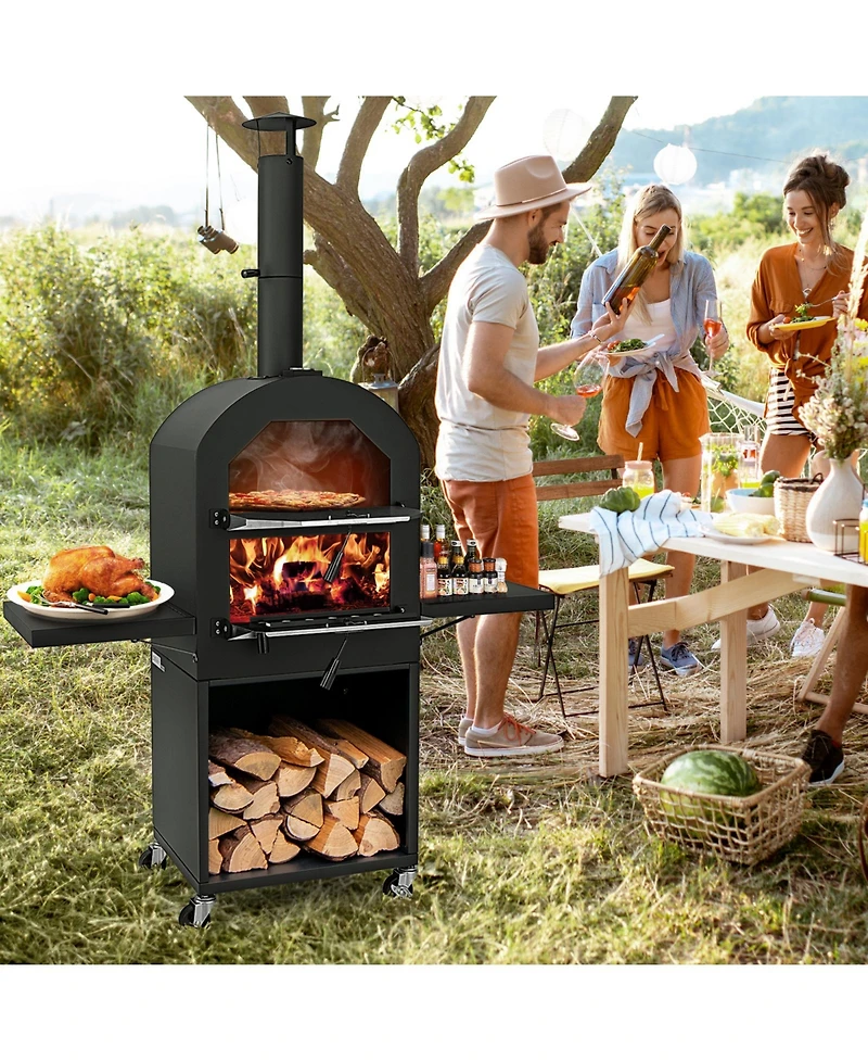 Outdoor Pizza Oven with Protective Cover and Grill Racks and Built-in Thermometer