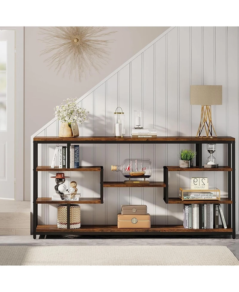 Tribesigns 70.87" Console Tables for Living Room, 5-Tier Narrow Long Sofa Tables with Open Storage Shelves, Rustic Entryway Tables with Metal Fra