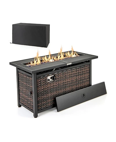 Propane Rattan Firepit Table with Glass Stones and Protective Cover