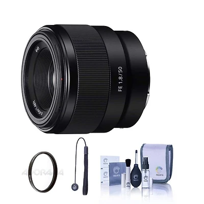 Sony Fe 50mm f/1.8 Lens for Sony E, Bundle with 49mm Uv Slim Filter, Cleaning Kit, Lens Cap Tether