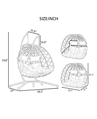 2 Persons Egg Indoor /Outdoor Swing Chair， Patio Wicker Hanging Egg Chair Hanging Basket Chair