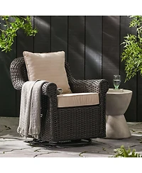Dark Brown Swivel Faux Rattan Outdoor Patio Lounge Chair with Beige Cushions