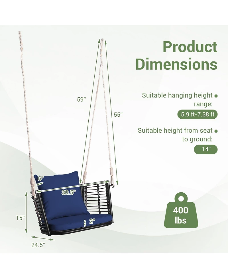 Single Person Hanging Seat with Woven Rattan Backrest for Backyard