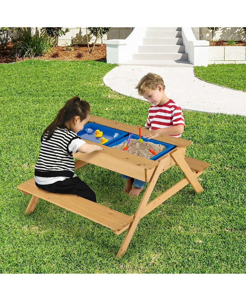Gymax 3 in 1 Kids Picnic Table Wooden Outdoor Water Sand Table w/ Play Boxes