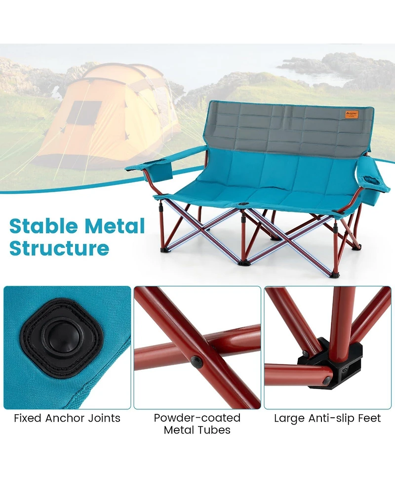 3 Person Folding Camping Chair with 2 Cup Holders Cotton Padding & Storage Bag