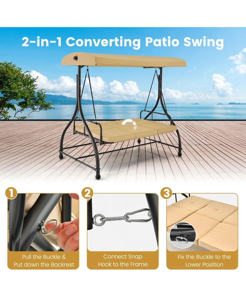 3 Seat Outdoor Porch Swing with Adjustable Canopy