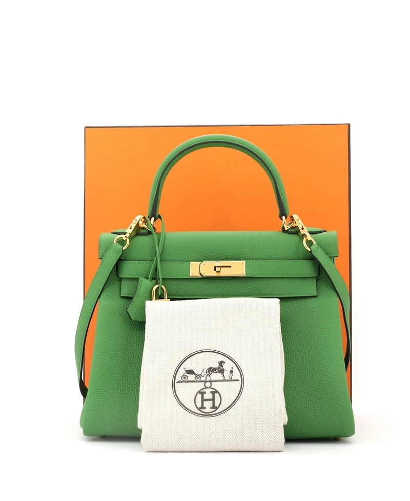 Pre-Owned Hermes Kelly 28 Handbag Green Togo with Gold Hardware