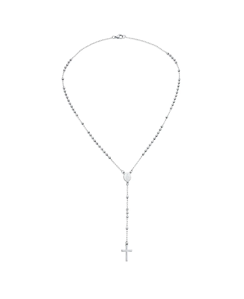 Bling Jewelry Religious Christian Virgin Mary and Cross Rosary Chain Drop Necklace Silver Tone