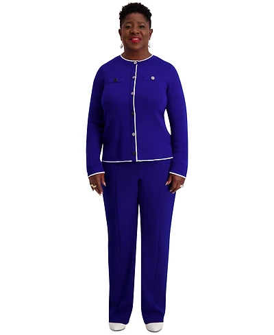 Kasper Round-Neck Long-Sleeve Button Front Cardigan, Regular & Plus