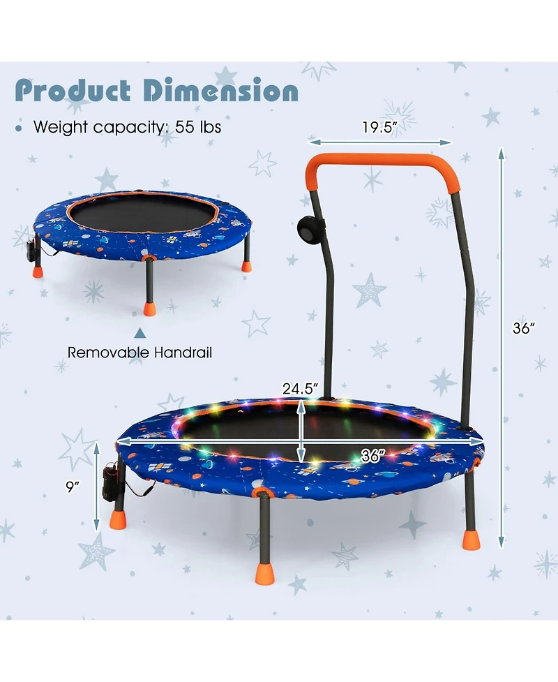36 Inch Mini Trampoline with Colorful Led Lights and Bluetooth Speaker