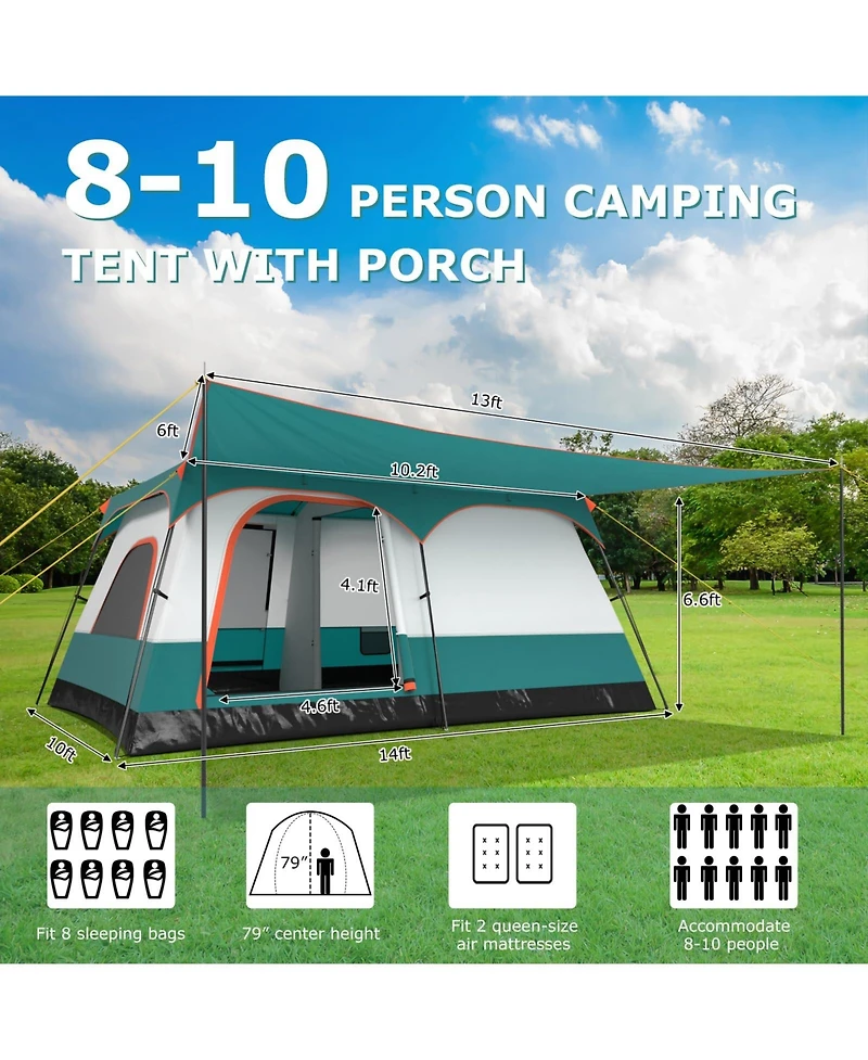 6-8 Person Camping Tent with Double Rooms and 2 Doors