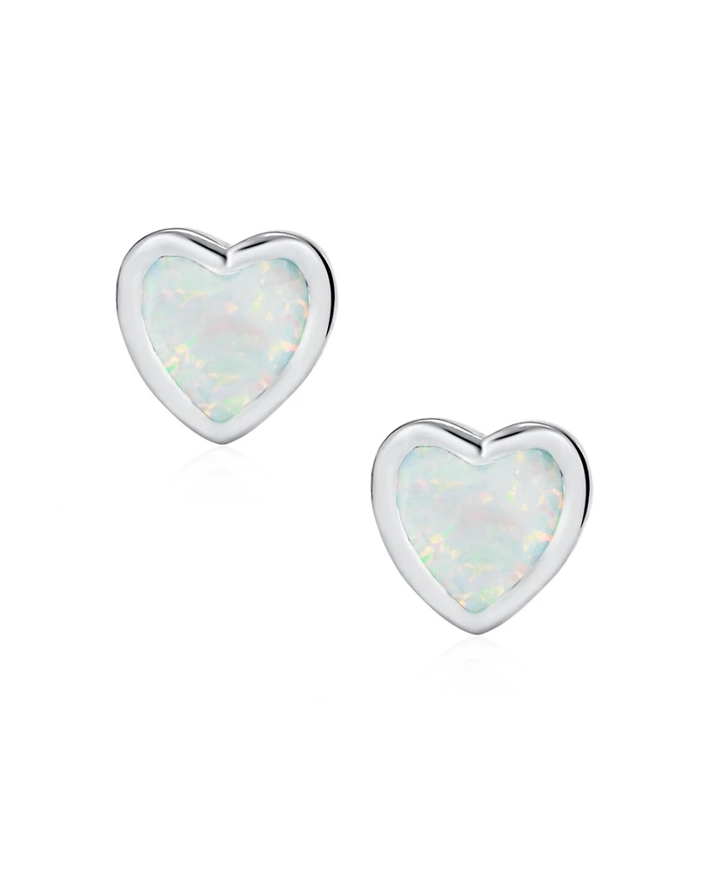 Bling Jewelry Romantic Bezel Set Cz Heart Shaped Stud Earrings Created Opal .925 Sterling Silver