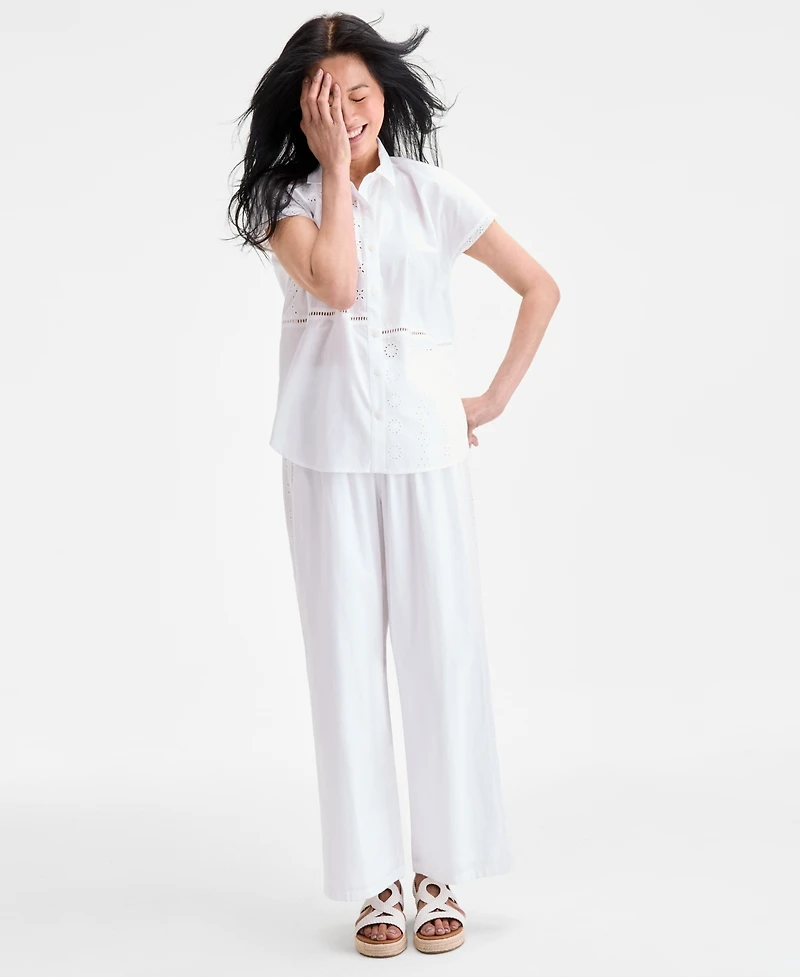 Style & Co Women's Cotton Eyelet Button-Front Camp Shirt, Exclusively at Macy's