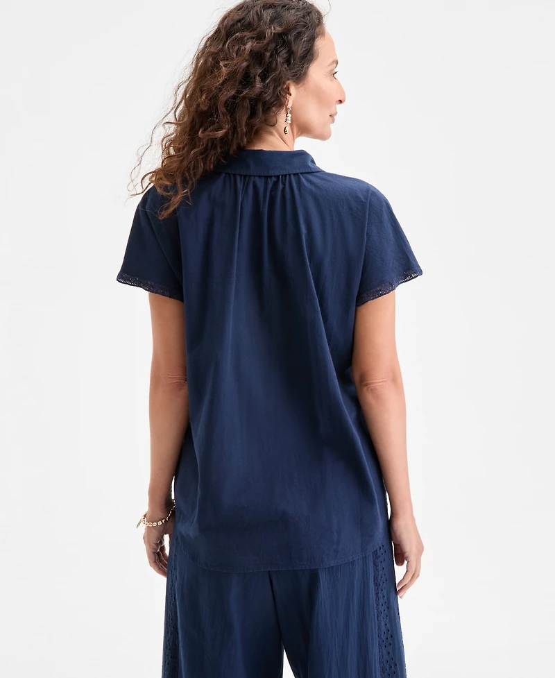 Style & Co Petite Eyelet-Detail Cotton Camp Shirt, Exclusively at Macy's